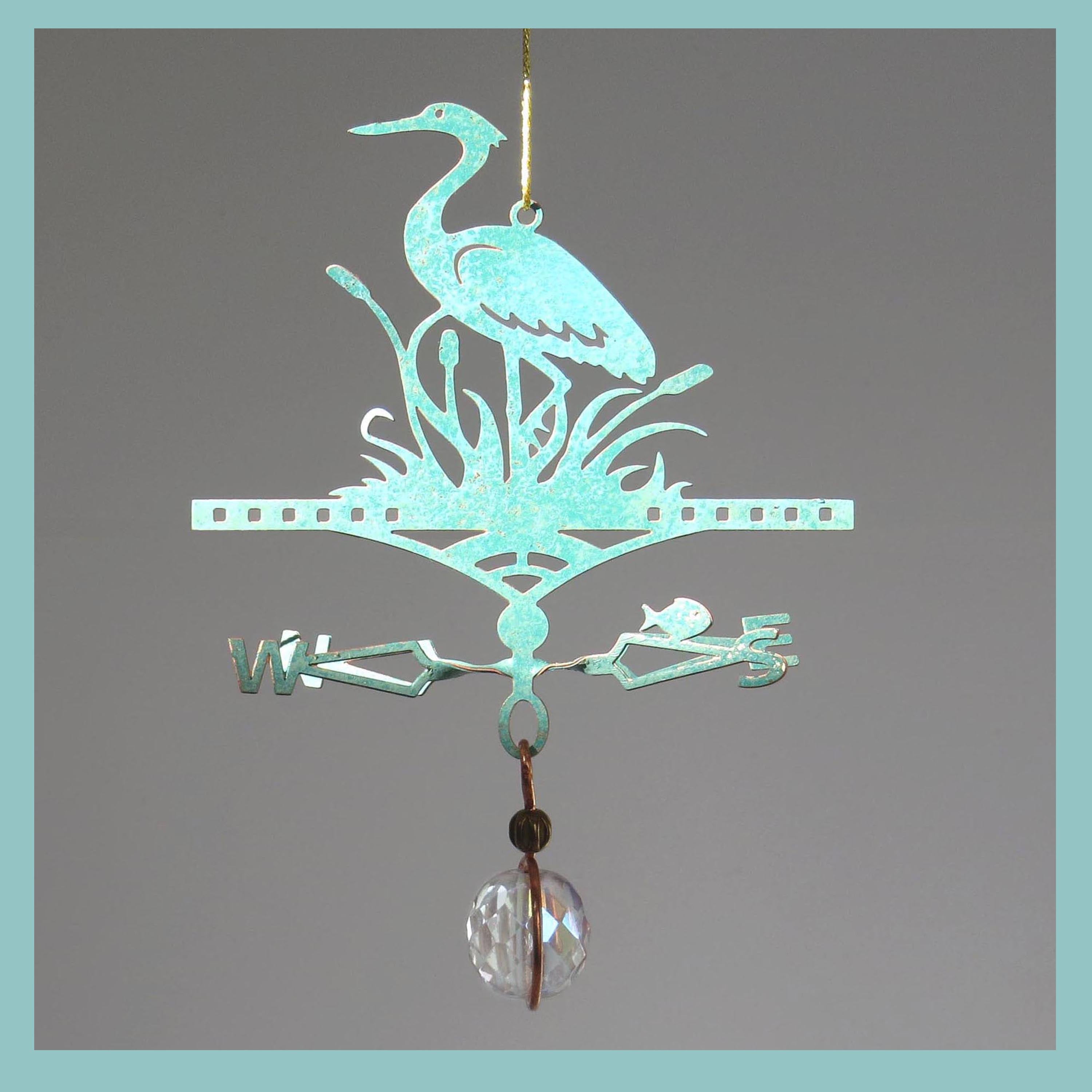 heron wildbird themed miniature copper weathervane ornament with charm droplet